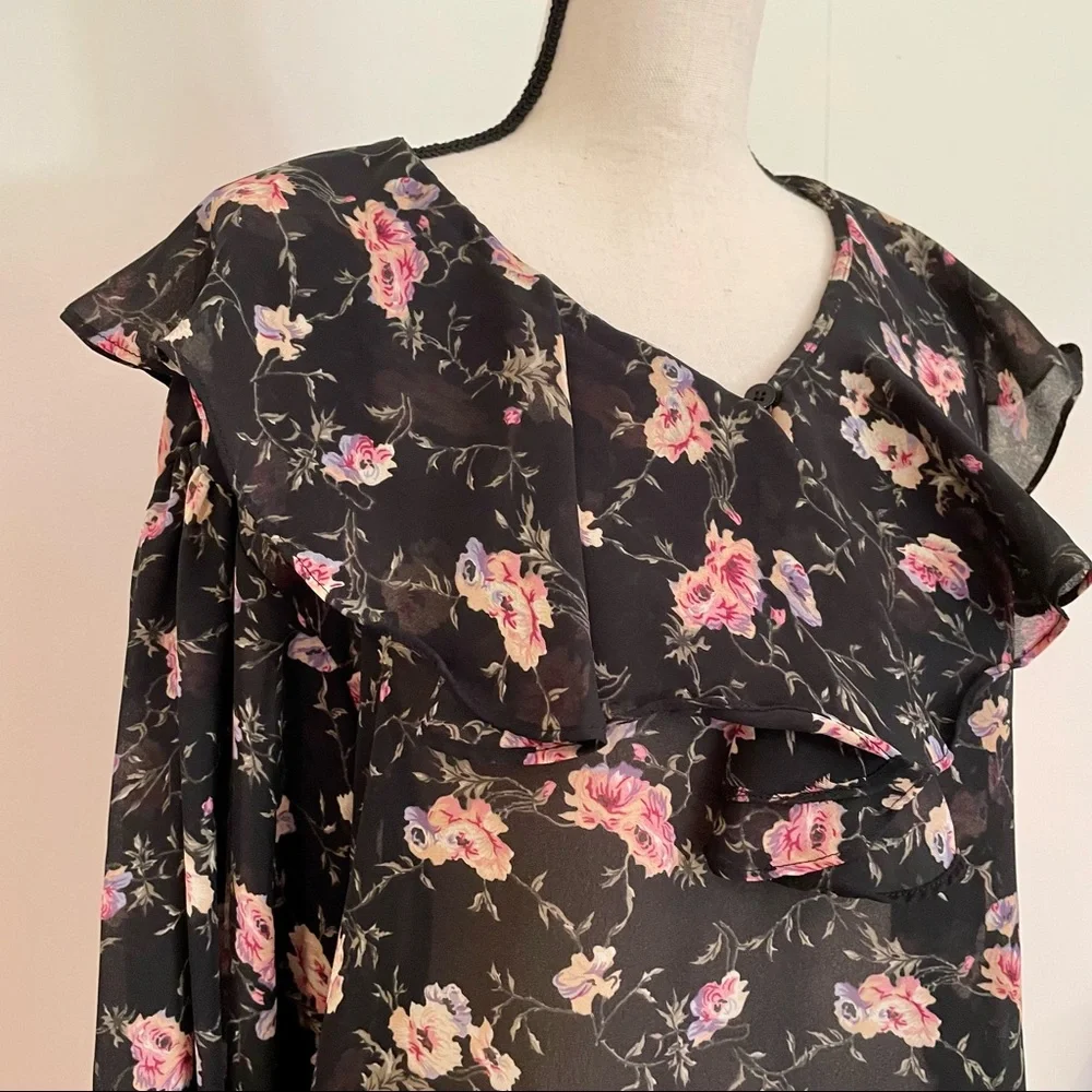 Vintage 90s Floral Bertha Collar Boho Peasant Blouse - Picture 3 of 7
